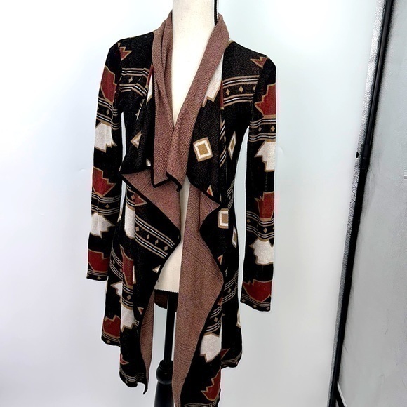 UEC Guess Aztec tan/ maroon open front waterfall cardigan mid-length XS - Picture 1 of 9